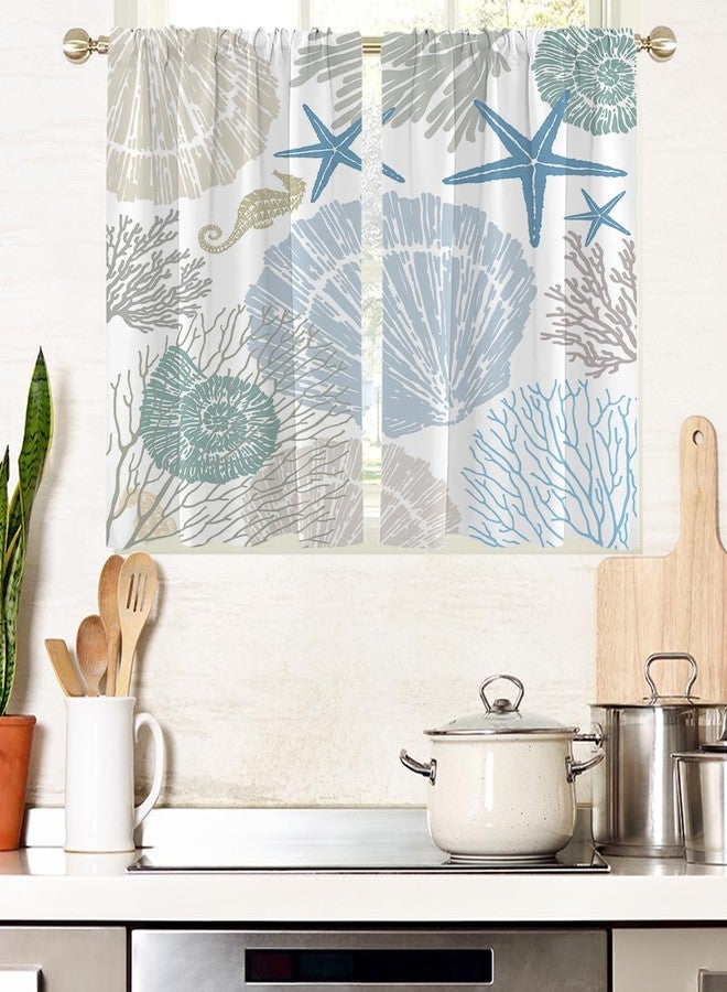 AAtter Beach Window Curtain for Kitchen Coastal Ocean Nautical Seashell Starfish Coral Small Short Home Bedroom Living Room Bathroom Drapes Treatment Tiers Fabric 1 Pair, 27.5" W x 39" L, Vintage - Image 1